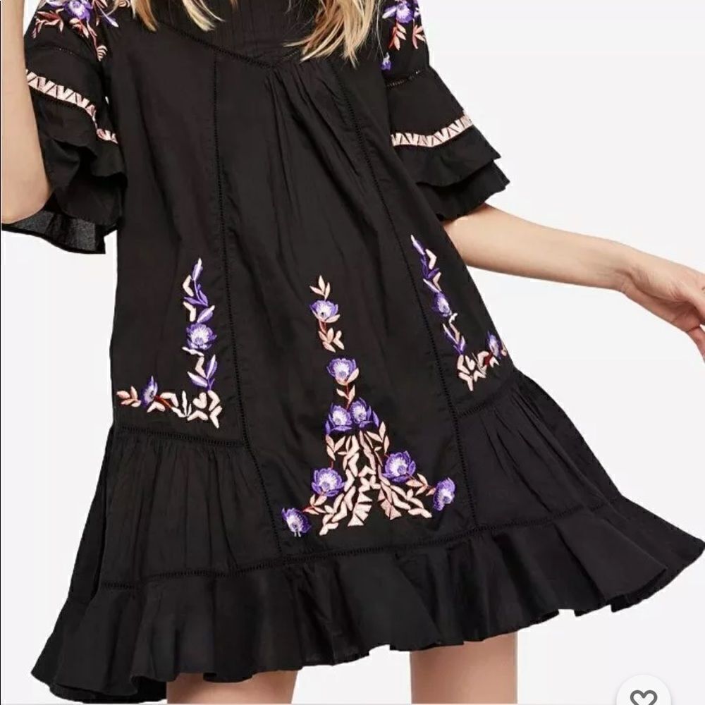 Free People Black Floral Embroidered Pavlo Mini Shift Dress XS 0